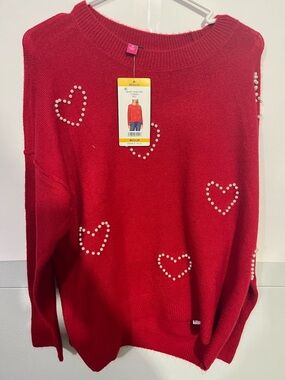 Vince Camuto Red Crewneck Sweater with Pearl Heart Embellishments
